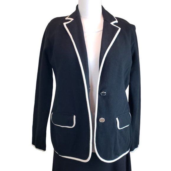 Lauren Ralph Lauren Women Black Knit Blazer Pockets White Trim Size M - Picture 1 of 8